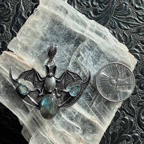 Halloween Flying Vampire Bat Labradorite and Blue Topaz Gemstone Crystal Jewelry - Picture 6 of 7